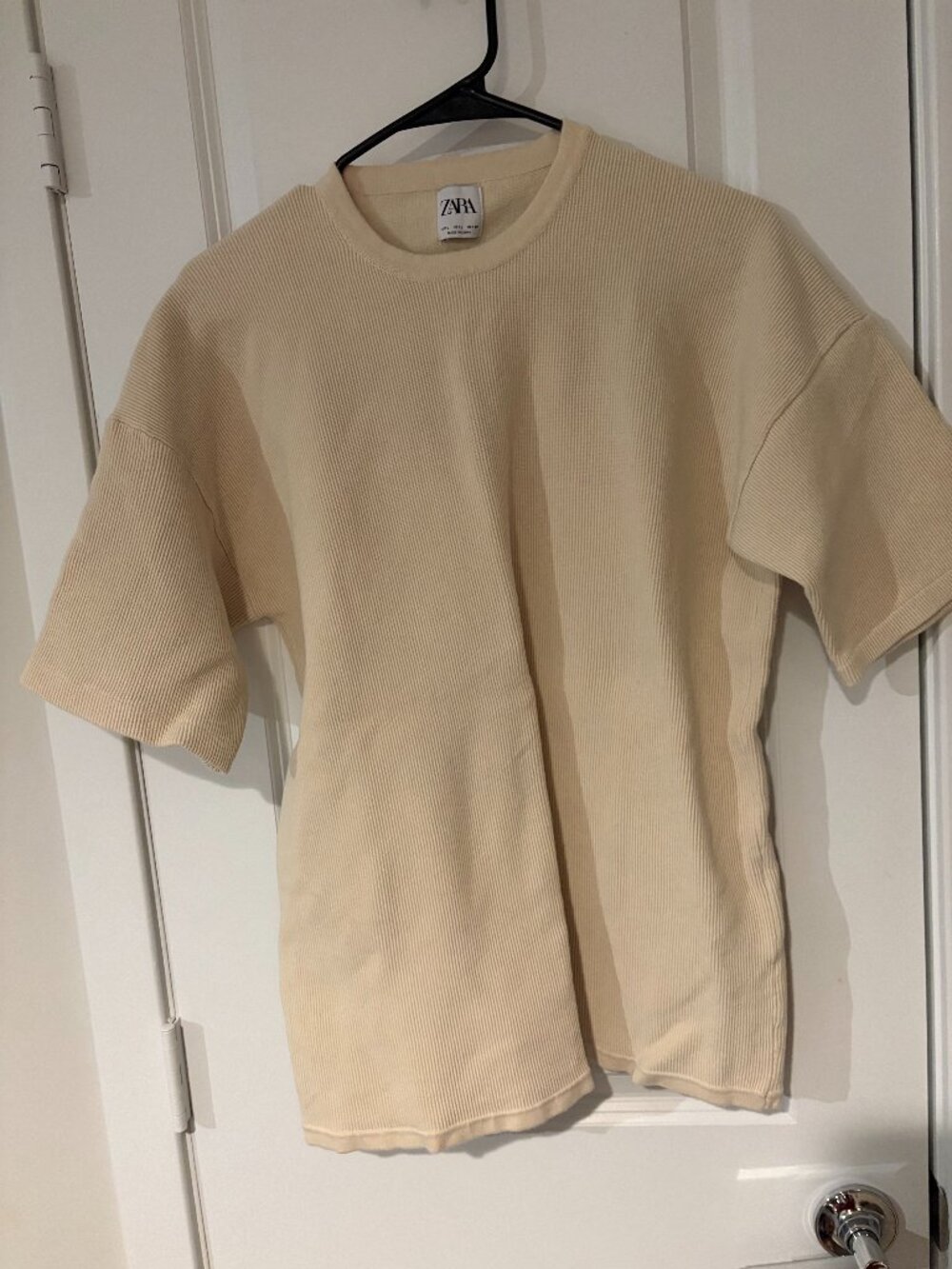 Zara Men's Cream Vertical-Striped Textured Short Sleeve Shirt Size L